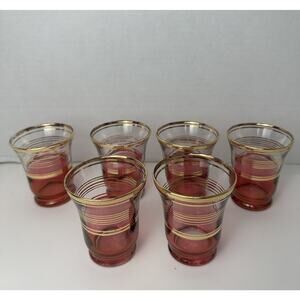 Antique Cranberry Shot or Wine Glasses with Gold Trim Set Of 6